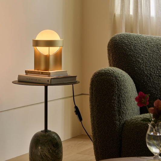 MinoLume Loop Table Lamp in Gold with Sphere IV LED Bulb
